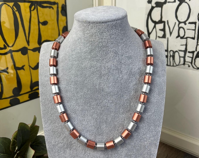 Women's necklace, anodized aluminum rollers, length 43-53 cm, Ø10 mm, silver rose gold, stainless steel clasp, men's