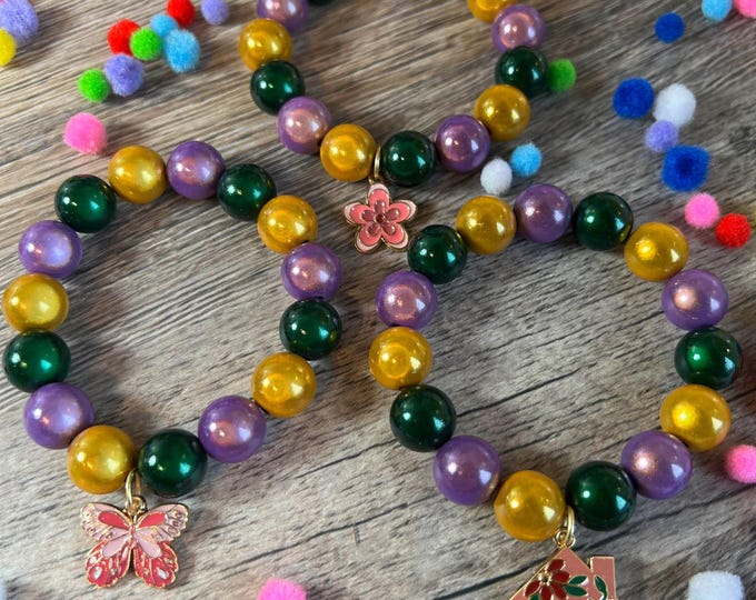 Polaris ladies pearl bracelet, Magic pearls 14 mm colorful, bracelet, 3D pearls colorful striking design, enamel pendant, green yellow purple stretch