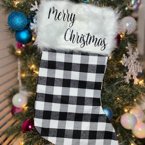 Personalized Large Buffalo Plaid Christmas Stocking with Faux Fur
