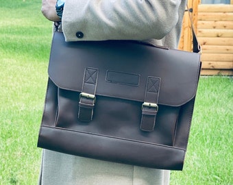 Mens Briefcase Brown, Slim Vegan Leather Briefcase, Messenger Man Bag Custom Laptop Briefcase, Personalised Vegan Leather Mens Briefcase