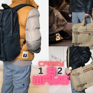 Puede incluir: Una mochila de lona con detalles en cuero marrón y correas ajustables. La mochila se puede llevar como mochila, bolso de hombro o bandolera. La imagen muestra tres formas diferentes de llevar la bolsa. El texto "Carry 1 3 2 Ways" se muestra en rosa.