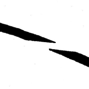 May include: A black and white image of a pair of scissors with the blades open.