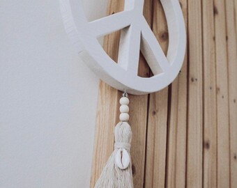 Peacezeichen | Homedecor | Wandbehang | Holz Wandbehang | Wanddekoration | Handmade | Makramee | Kauri Muschel