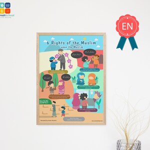 Könnte beinhalten: Ein gerahmtes Poster mit dem Titel "6 Rechte des Muslims auf dem Muslim". Das Poster zeigt farbenfrohe Illustrationen und Text in Englisch und Arabisch. Ein rotes Abzeichen mit "EN" befindet sich in der oberen rechten Ecke.