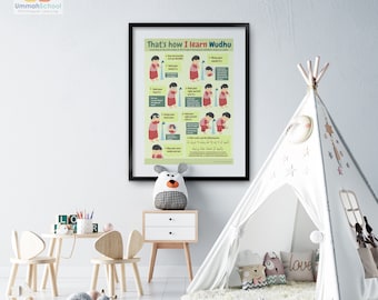 May include: A framed poster titled "That's how I learn Wudhu" with illustrated steps. The poster is in a child's playroom with a small table, chairs, a teepee, and a stuffed animal. The room has a white rug and a black and white play mat.