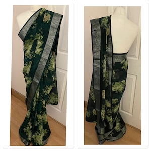 Floral print saree the colour is dark green 2103