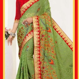 Sari de brocado con estampado de pavo real 959