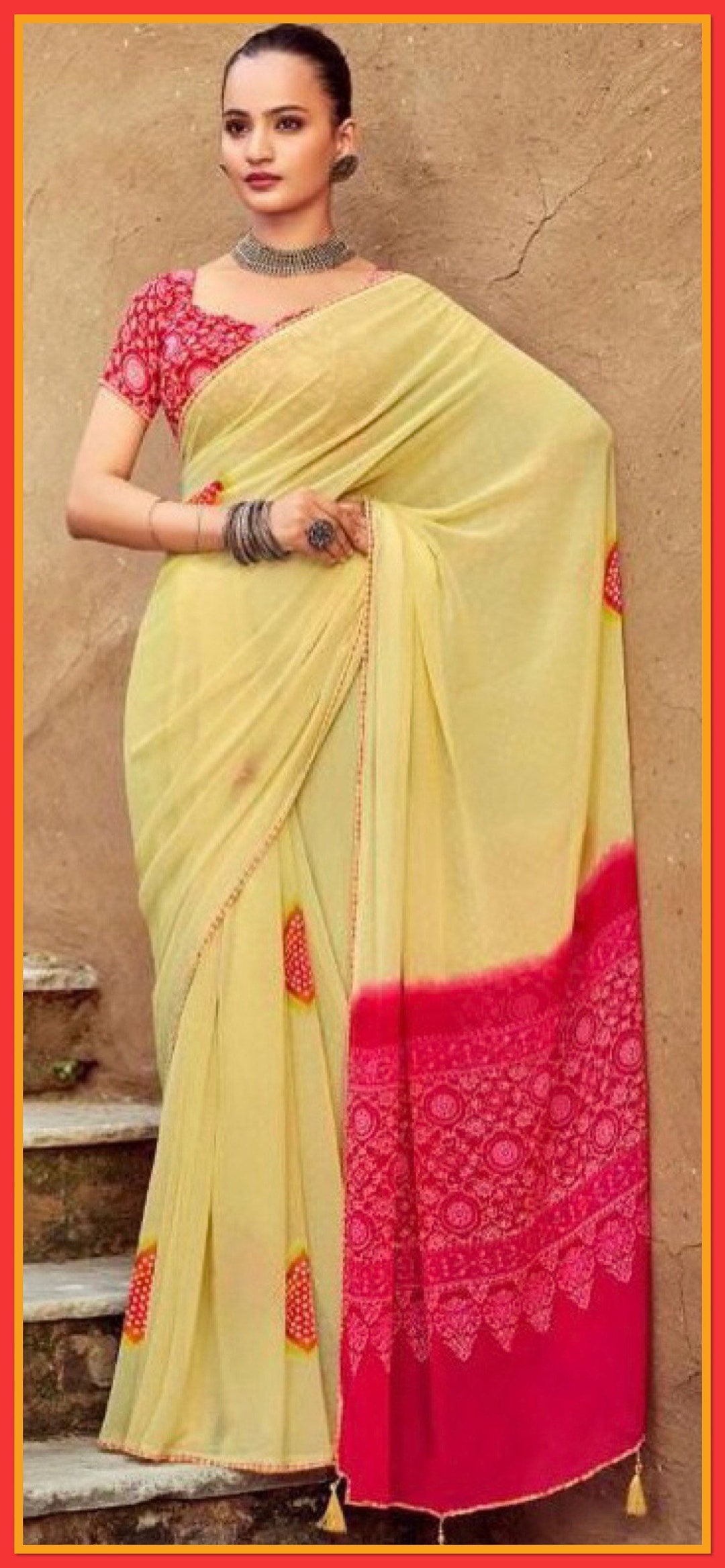 Lemon Yellow Silk Georgette Embroidered Designer Saree main image 1