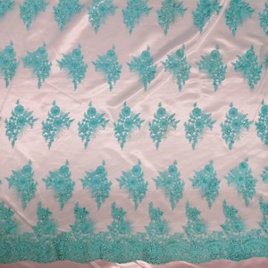 Aqua green bridal lace hand sewn beaded embroidery faux diamond rhinestones wedding dresses skirts 55 inch 7 colors available, sold by yard