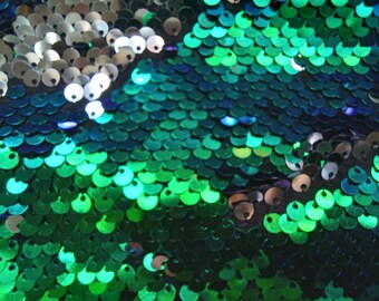 Green / Silver Flip up reversible sequin fabric mermaid stretchable 52&quot; / 54&quot; wide sold by the yard