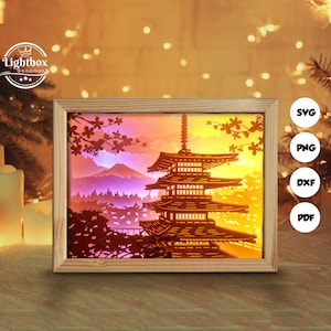 Silhouette de pagode japonaise 3D, modèles de boîte d'ombre, papier découpé, fichiers pour cricut, pour silhouette, fichiers découpés au laser, art en couches 3D