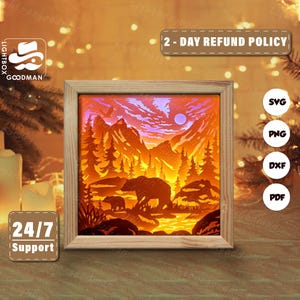 3d Bear Forest Silhouette, Shadow Box Templates, Paper Cut, Files for cricut, for Silhouette, Laser Cut Files, 3d Layered Art