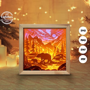 Silhouette de forêt d'ours 3D, modèles de boîte d'ombre, papier découpé, fichiers pour cricut, pour la silhouette, fichiers découpés au laser, art en couches 3D