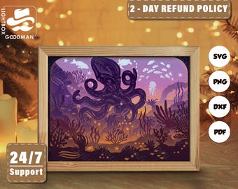 3d Octopus Silhouette, Shadow Box Templates, Paper Cut, Files for cricut, for Silhouette, Laser Cut Files, 3d Layered Art