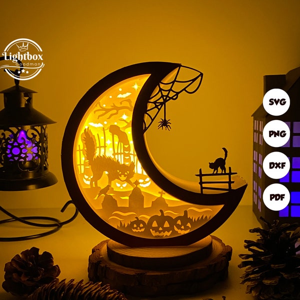 Cat Moon Shadow Box SVG For Cricut Projects DIY, Cat Moon Lantern For Christmas Decoration
