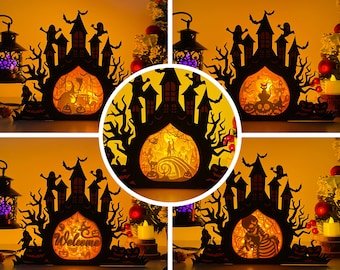 Pack 5 Halloween Haunted Castle Shadow Box SVG for Cricut Projects DIY, Halloween Star Lamp Decoration, Shadow Box SVG