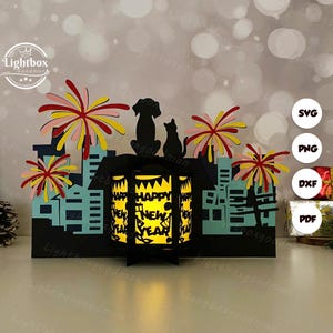 Linterna de fuegos artificiales de Año Nuevo SVG - Recorte de papel para linterna de fuegos artificiales - Linterna de papel DIY - Plantilla de corte de papel - Plantilla de linterna de Año Nuevo