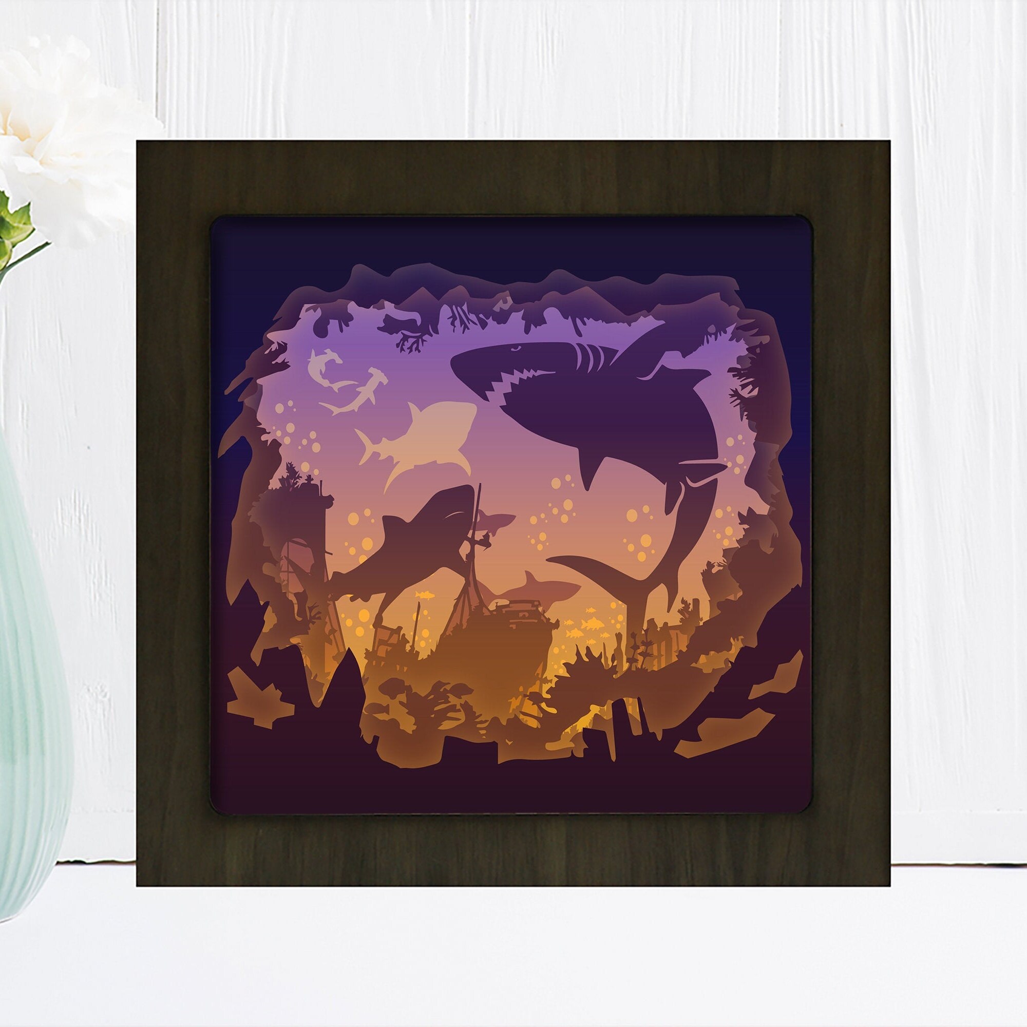Download Shark 1 Square Paper Cut Light Box Template Files Shadow Box Etsy