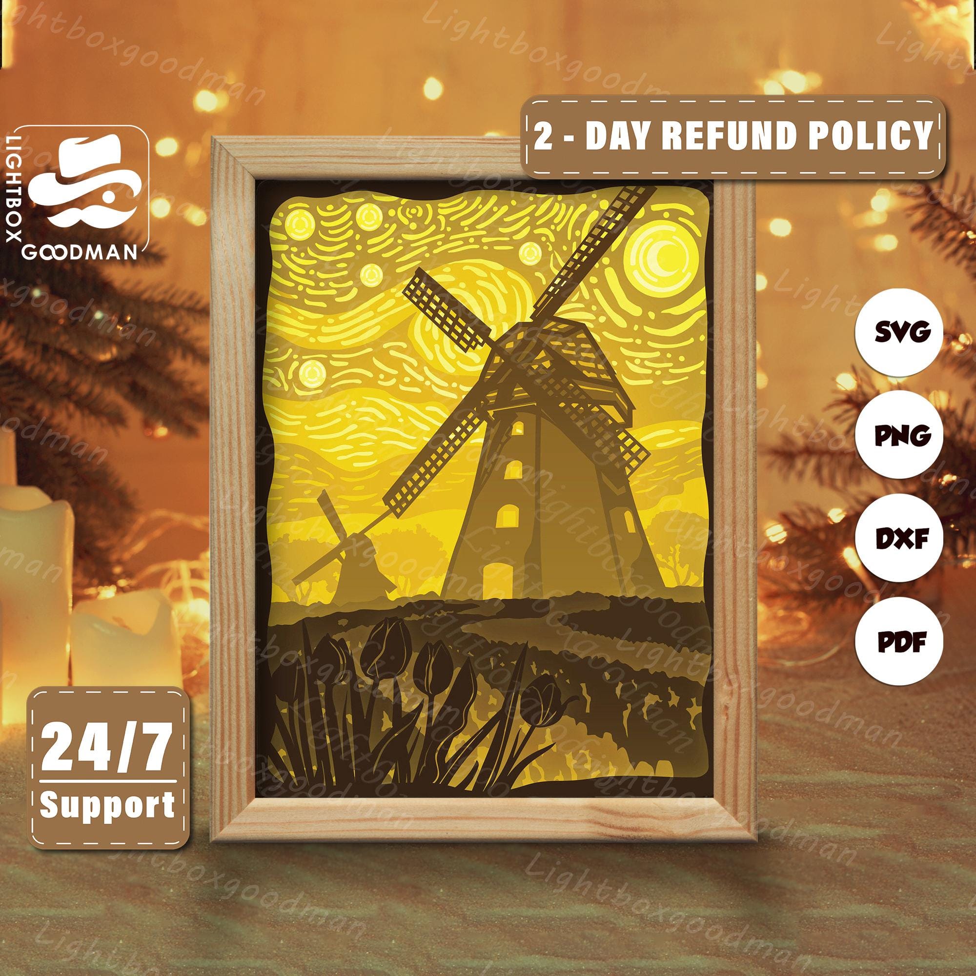3d Dutch Windmills Silhouette, Shadow Box Templates, Paper Cut, Files for cricut, for Silhouette, Laser Cut Files, 3d Layered Art
