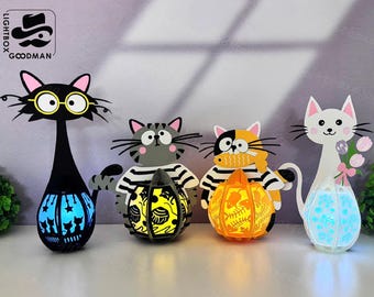 Pack 4 Cute Cat Lantern SVG: Paper Cut Light Box Template (Digital Download)