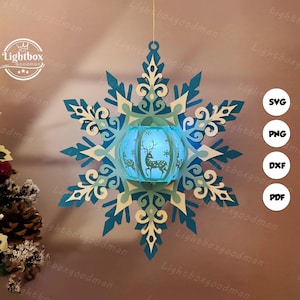 Lanterna a fiocco di neve SVG - Lanterna di Natale in carta tagliata - Lanterna di carta a forma di insetto fai da te - Modello di ritaglio della carta - Modello di lanterna a fiocco di neve 3