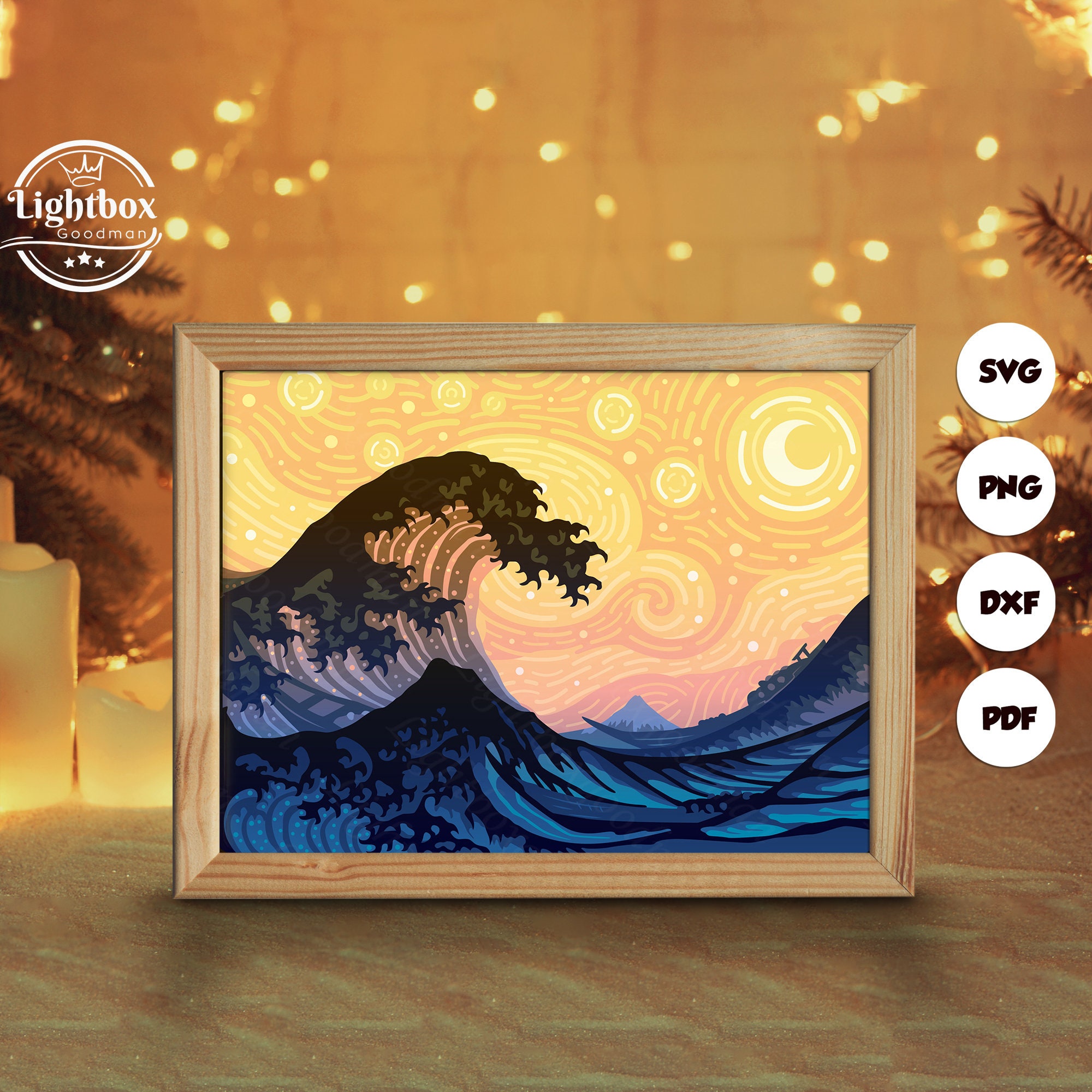 The Great Wave paper cut light box, shadow box, night light bedroom, shadow  box gift, anniversary gift, gift for him, gift for her, handmade