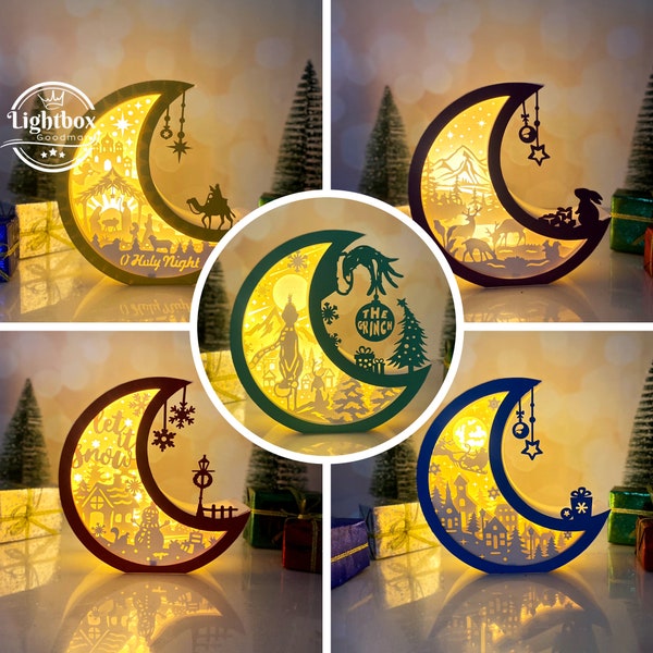 Pack 5 Christmas Moon Shadow Box SVG pour les projets Cricut DIY, Lanterne de lune de Noël pour la décoration de Noël