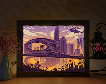 Dubai Skyline Paper Cut Light Box, Shadow Box, 3D Paper Cut Light Boxes, Night Light, Paper Sculptures Lamp, Lightbox, Physical Product