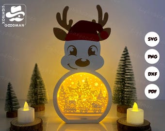クリスマスのトナカイのランタン SVG: 切り絵テンプレート (デジタル