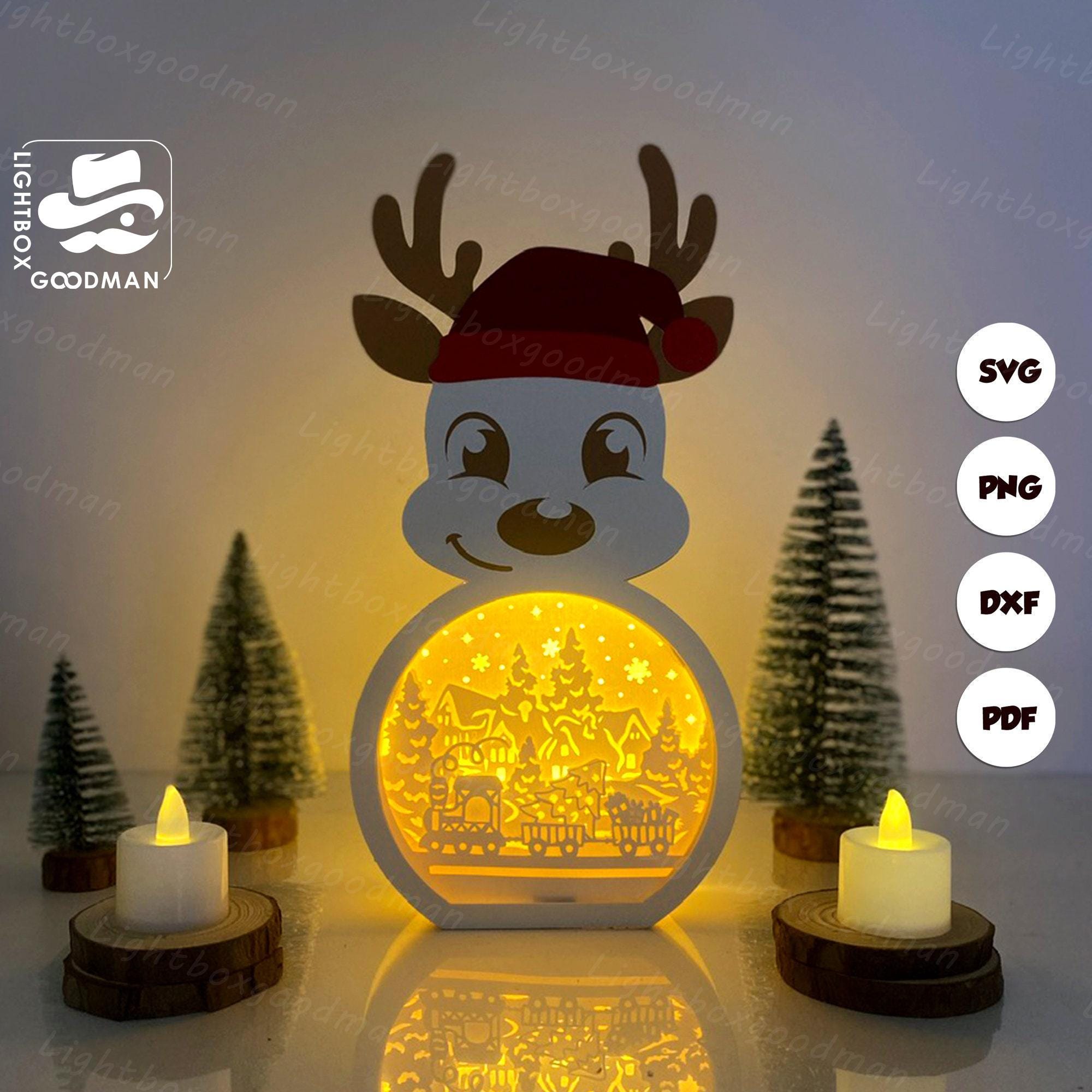 クリスマスのトナカイのランタン SVG: 切り絵テンプレート (デジタル