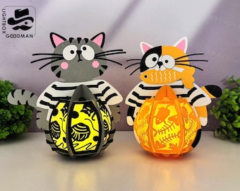 Pack 2 Cute Cat Lantern SVG: Paper Cut Light Box Template (Digital Download) 2