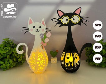 Pack 2 Cute Cat Lantern SVG: Paper Cut Light Box Template (Digital Download)