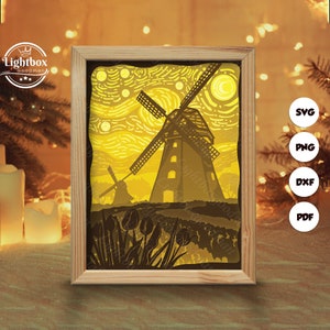 Silueta de molinos de viento holandeses en 3D, plantillas de caja de sombras, corte de papel, archivos para Cricut, para Silhouette, archivos de corte láser, arte en capas en 3D