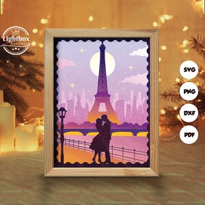 Silueta 3D de "Amor en París", plantillas de caja de sombras, corte de papel, archivos para Cricut, para Silhouette, archivos de corte láser, arte en capas 3D