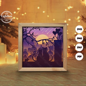 Silhouette simple 3D de chat et de lune, modèles de boîte d'ombre, papier découpé, fichiers pour cricut, pour la silhouette, fichiers découpés au laser, art en couches 3D
