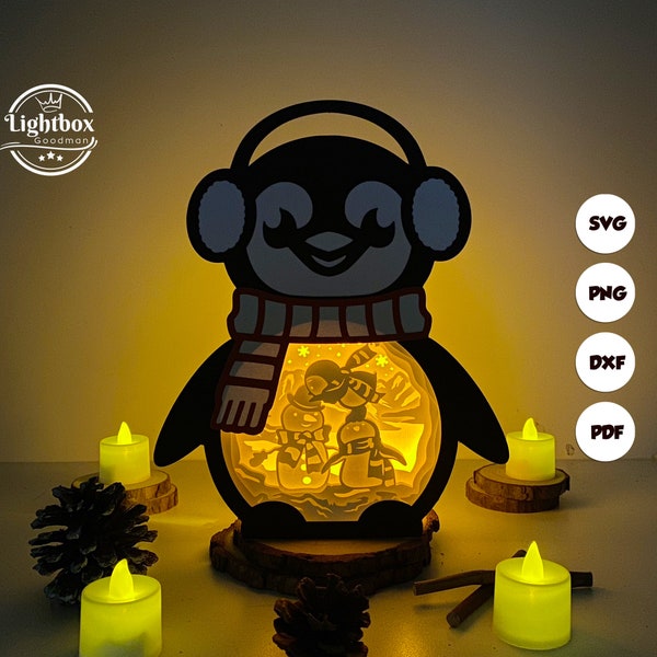 Christmas Penguin Lanterns Shadow Box SVG for Cricut Projects DIY, Christmas Penguin Lanterns Lamp Decoration, SVG file for Cricut