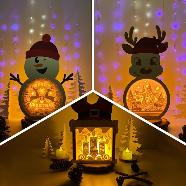 Pack 3 Christmas 4 Shadow Box SVG For Cricut Projects DIY, Christmas Box Lantern For Christmas Decoration, Cutting Cricut