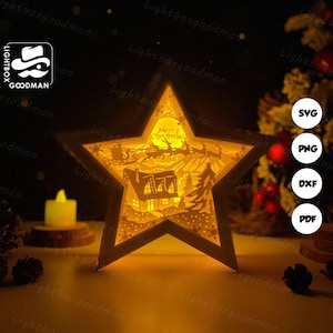 Merry Xmas Village Star Lantern SVG - Christmas Lantern Paper Cut - DIY Paper Lantern - Paper Cutting Template - Christmas Lantern Template