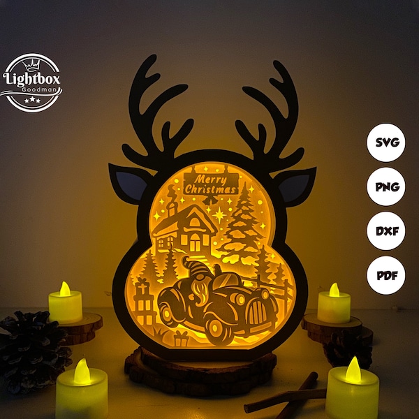 Christmas Gnome Reindeer Shadow Box SVG For Cricut Projects DIY, Christmas Gnome Reindeer Box Lantern For Christmas Decoration 2