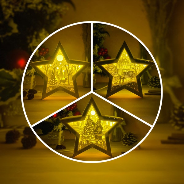 Pack 3 Merry Christmas Star Shadow Box SVG For Cricut Projects, Star Lantern For Christmas Decoration, Light Box Template, Christmas Lamp Pack 3 Merry Christmas Star Shadow Box SVG For Cricut Projects, Star Lantern For Christmas Decoration, Light Box Template, Christmas Lamp