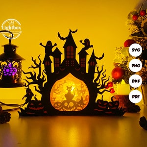 Chat sorcière château hanté lanterne SVG - lanterne d'Halloween découpée en papier - lanterne en papier pour travaux manuels - modèle de découpe de papier - modèle de lanterne d'Halloween