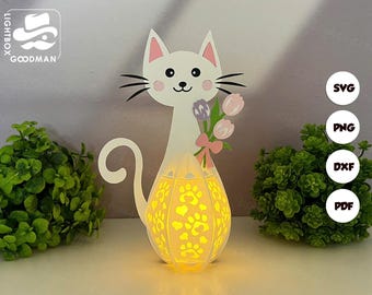 Cute Cat 2 Lantern SVG: Paper Cut Light Box Template (Digital Download)