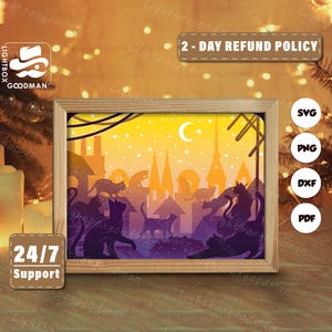 3d Cats In The City Silhouette, Shadow Box Templates, Paper Cut, Files for cricut, for Silhouette, Laser Cut Files, 3d Layered Art