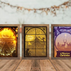 Combo 3 templates Christmas 2 Paper cut light box template, shadow box, 3D papercut lightbox svg file DIY, cutting Cricut, Sillhouette
