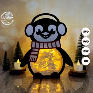 Lanterne pingouin de Noël SVG - lanterne de Noël découpée - lanterne en papier pour travaux manuels - modèle de découpe de papier - modèle de lanterne de Noël