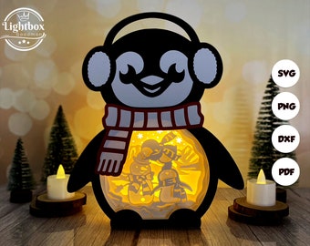Weihnachten Pinguin Laternen Schatten Box SVG für Cricut Projekte DIY, Weihnachten Pinguin Laternen Lampe Dekoration, SVG Datei für Cricut