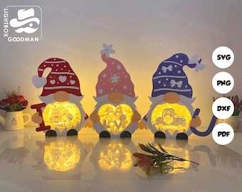 Pack 3 Gnome Love Box Lantern SVG: Paper Cut Template  (Digital Download
