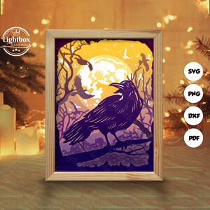 Silhouette 3D de corbeau, modèles de boîte d'ombre, papier découpé, fichiers pour cricut, pour la silhouette, fichiers découpés au laser, art en couches 3D