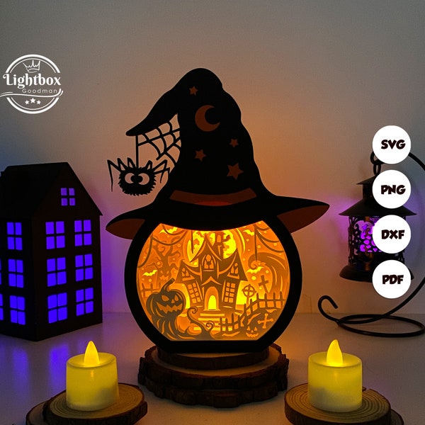 Haunted House Witch Hat Shadow Box SVG For Cricut Projects DIY, Witch Hat Box Box Lantern For Halloween Decoration, Cutting Cricut