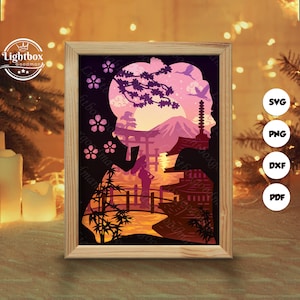 Silhouette di paesaggio giapponese in 3D, modelli per shadow box, carta tagliata, file per Cricut, per Silhouette, file tagliati al laser, arte a strati in 3D